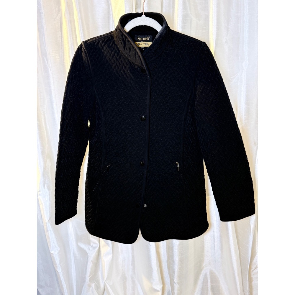Fennelli Quilted Jacket Women 9/10 Black‎ Chevron vintage Hudson’s Bay